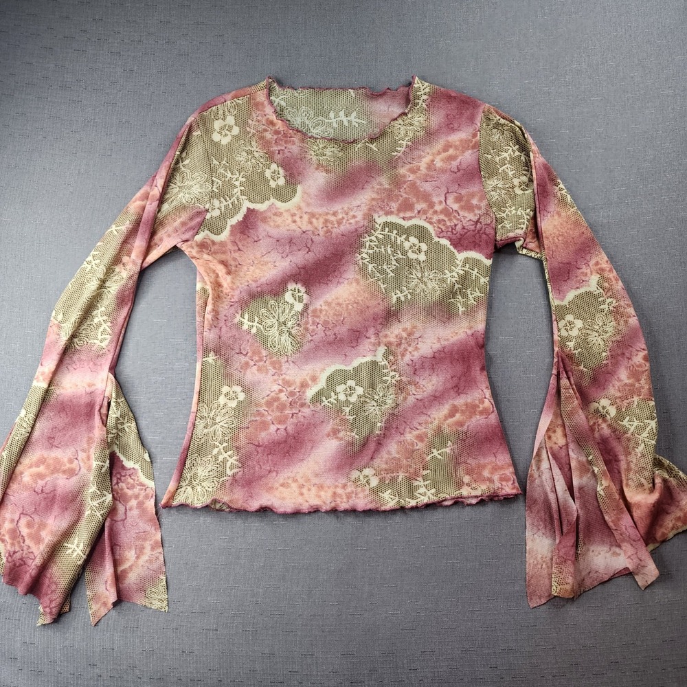 Vintage Y2K Sheer Pink Mesh Bell Sleeve Top Lettuce Trim Floral Print Blouse